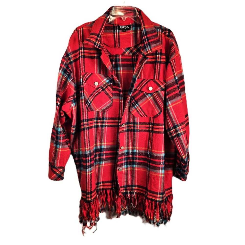 Thrill Jeans Womens Flannel Shacket 2X Red Plaid Buttons Fringe Hem Long Sleeve